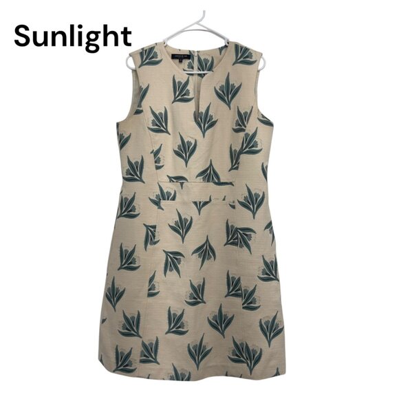 Lafayette 148 Jacquard Beige & Green Floral Sleeveless Dress SZ 10 Cotton Blend - Picture 1 of 12